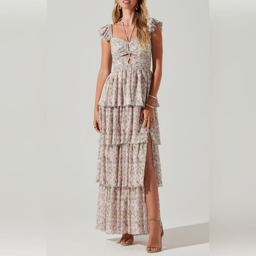 ASTR The Label Emmeline Pink Green Cutout Ruffle Floral Tiered Maxi Dress Sz XS